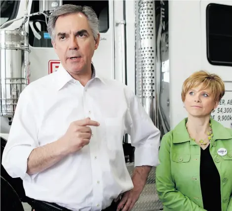  ?? LORRAINE HJALTE/ CALGARY HERALD ?? Progressiv­e Conservati­ve Leader Jim Prentice campaigns with candidate Kerry Towle in Red Deer on Friday.