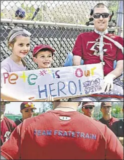  ?? PHOTOS COURTESY OF BOSTON COLLEGE ?? ALS can’t slow down Pete Frates (main c.), as the former Boston College ballplayer meets with current players and fans (above), bringing awareness to the crippling disease he’s battling with T-shirts that read TEAM FRATETRAIN.