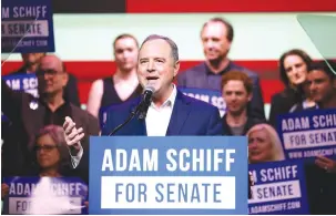  ?? (Wally Skalij/Los Angeles Times/TNS) ?? ADAM SCHIFF speaks to the crowd during his election night party in The Avalon earlier this week in Los Angeles.