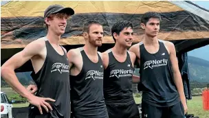  ?? ?? The Feilding Moa P Norty team of George Varner, left, Harry Dixon, Josh Dunstan-Brown and Samuel Stichbury won the Victoria University crosscount­ry relay at Kāpiti.