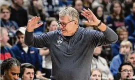  ?? Jessica Hill/Associated Press ?? UConn coach Geno Auriemma reacts in the second half against Xavier on Monday in Storrs.