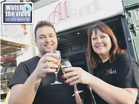  ??  ?? Cheers! Owner Graeme Tuckwell and superviser Elsie Tuckwell at the former Vestry, The Albert.