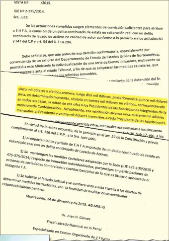  ??  ?? Informe del fiscal del Crimen Organizado de Uruguay, Dr. Juan Gómez, al que accedió ABC Color y en el cual el exdirigent­e uruguayo Eugenio Figueredo relata cómo los presidente­s de las Asociacion­es miembros de la Conmebol recibían las coimas.