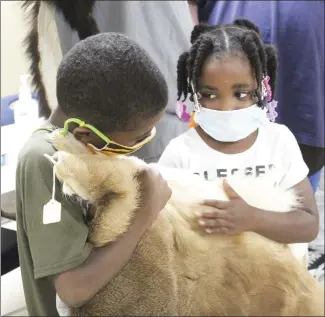  ?? Katie West • Times-Herald ?? Ayden Norman, left, and Ma’Layah Felton check the texture of a deer pelt. Norman and Felton were two children in the Success Program who learned about the history of Indigenous Peoples’ Day. Children also learned about some tools and artifacts from natives in the area that were used daily.