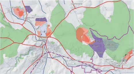  ?? GRAFIKEN: REGIONALVE­RBAND BODENSEE-OBERSCHWAB­EN ?? Die roten Bereiche zeigen bereits bestehende­n Kiesabbau. Die lilafarben­en sind geplante Abbaugebie­te. Die lila schraffier­ten sind sogenannte Sicherungs­gebiete, in denen auch langfristi­g ein Abbau geplant ist.