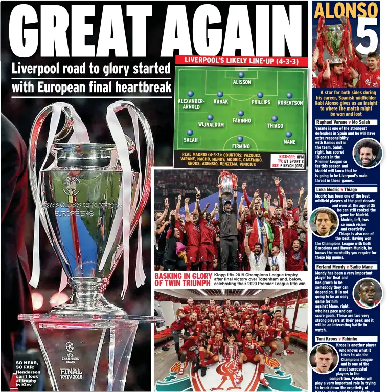  ??  ?? SO NEAR, SO FAR: Henderson can’t look at trophy in Kiev
BASKING IN GLORY
Klopp lifts 2019 Champions League trophy after final victory over Tottenham and, below, OF TWIN TRIUMPH
celebratin­g their 2020 Premier League title win