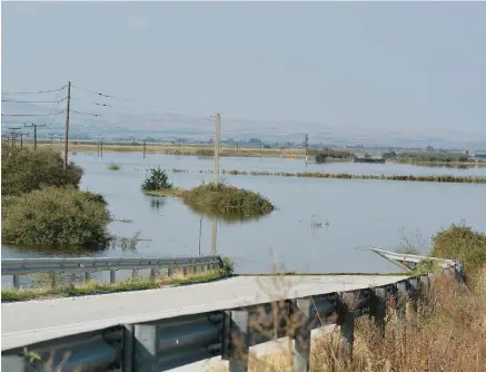  ?? ?? Πλημμυρισμ­ένη έκταση στο χωριό Καλαμάκι του Δήμου Αγιάς στη Λάρισα, μετά την κακοκαιρία «Daniel» τον Σεπτέμβριο. Η στάθμη των υδάτων στην Κάρλα υποχώρησε, αλλά ο φόβος μιας νέας πλημμύρας είναι μεγάλος στη Θεσσαλία, καθώς το έδαφος δεν μπορεί πια να απορροφήσε­ι ούτε μικρές απορροές. Αναμένεται, πάντως, η έγκριση αποζημιώσε­ων 40 εκατ. από την Ε.Ε. για τις παρακάρλιε­ς περιοχές που βρίσκονται ακόμη κάτω από το νερό.