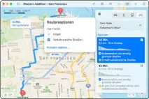  ??  ?? Neu im Karten-programm von macos Big Sur ist die Fahrradnav­igation, die leider erst mal auf einige Us-städte beschränkt bleibt. Über die Optionen lassen sich Verkehr und Hügel vermeiden.