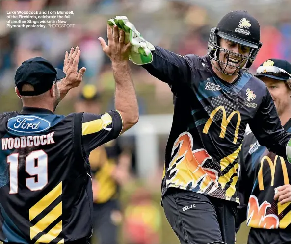  ??  ?? Luke Woodcock and Tom Blundell, of the Firebirds, celebrate the fall of another Stags wicket in New Plymouth yesterday.