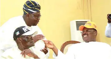  ??  ?? Oyo State All Progressiv­es Congress (APC) gubernator­ial candidate, Chief Adebayo Adelabu (left); state Chairman of the party, Chief Akin Oke; and Oyo South Senatorial District candidate, Abiola Ajimobi, during a stakeholde­rs’ meeting in Ibadan…yesterday.