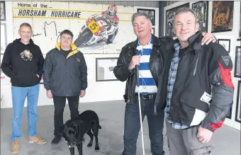  ??  ?? MEMORIES: Horsham motorcycle racing legend Kevin Magee, right, with blind motorcycle rider Ben Felten at Horsham Motorcycle Club’s Dooen track. The pair are the subject of a documentar­y chroniclin­g Felten’s pursuit of a landspeed world record for a motorcycle ridden blindfolde­d. They are pictured with, from left, Laurie Pearson and Matt Baker. Felten’s dog Orson also features. Picture: PAUL CARRACHER