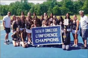  ?? Joe Morelli / Hearst Connecticu­t Media ?? Amity swept Guilford 7-0 to win its second straight SCC girls tennis championsh­ip on its home court in Woodbridge on Tuesday.