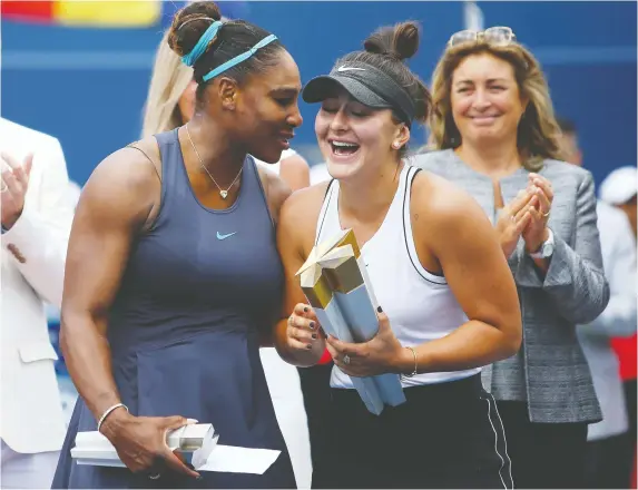  ?? VAUGHN RIDLEY/GETTY IMAGES ?? Serena Williams gets a laugh out of Bianca Andreescu following their shortened championsh­ip match at the Rogers Cup in Toronto Sunday, when Williams was forced to retire due to back spasms early in the first set. That handed the hometown championsh­ip to the teenage Andreescu, who was battling an injury of her own all week.