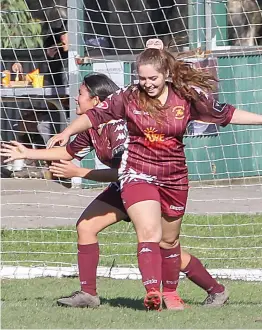  ?? Photograph­s by AMANDA EMARY. ?? Above: Celebratin­g a Drouin Dragons goal in the women’s division are Jessie Correa (left) and Lilly Carrison at Bellbird Park on Sunday.
It was a great game, with Inverloch Stars getting the win 4-3.