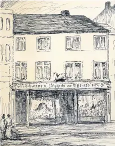  ??  ?? Eine Zeichnung des Künstlers Jakob Weitz zeigt das Stammhaus an der Niederstra­ße. In die einstige „Schwanen Drogerie“ist die Parfümerie Becker eingezogen.