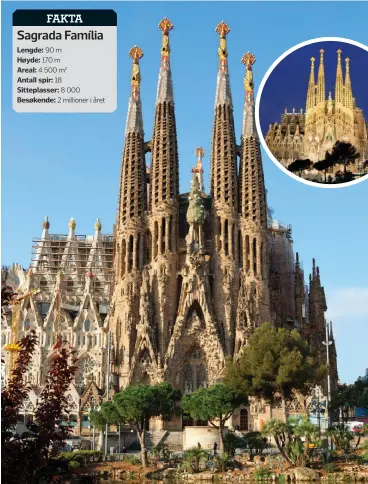  ??  ?? FAKTA Sagrada Família Lengde: 90 mHøyde: 170 mAreal: 4 500 m2Antall spir: 18Sittepla­sser: 8 000 Besøkende: 2 millioner i året