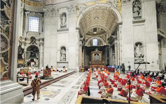  ?? FABIO FRUSTACI/POOL VIA AP ?? Pope Francis attends a consistory ceremony where 13 bishops were elevated to a cardinal’s rank in St. Peter’s Basilica at the Vatican, on Saturday