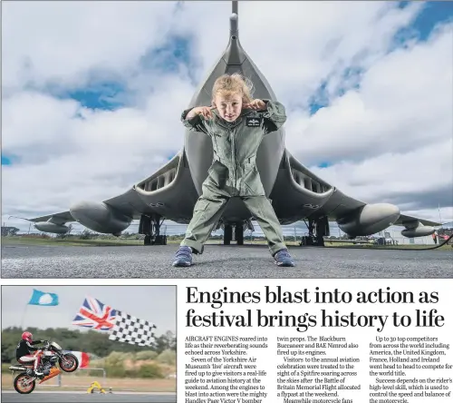  ??  ?? Top, Kimberley Bandy, six, in front of a Handley Page Victor V bomber at the Yorkshire Air Museum. Above, the Motorcycle Wheelie World Championsh­ip.