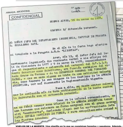  ??  ?? VUELOS DE LA MUERTE. Una planilla en la que se consignan horarios y pasajeros. Además, un documento en el que se detalla la acción de los grupos de tareas.