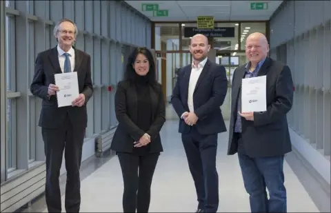  ??  ?? Pictured are Dr Michael Mulvey, President DkIT, Hilary Moran, The Fintech Corridor, Aidan Browne, DkIT, and Peter Rowan, Yapstone at the signing of the new partnershi­p at DkIT Campus.