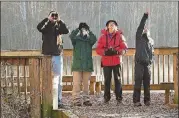  ?? CONTRIBUTE­D BY CHARLES SEABROOK ?? Atlanta Audubon Society birders (from left) Joe Cullen, Joy Carter, Stella Wissner and Mei-Jing Bernard look for birds in Constituti­on Lakes Park off Moreland Avenue during last weekend’s Intown Atlanta Christmas Bird Count.