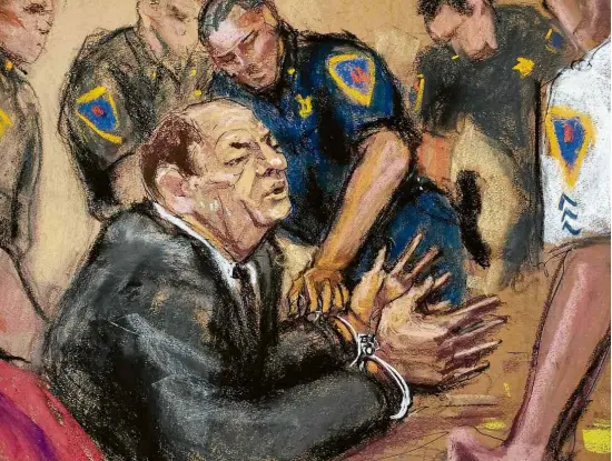  ?? Jane Rosenberg/Reuters ?? Ilustração mostra Harvey Weinstein sendo algemado ao fim do julgamento em Nova York