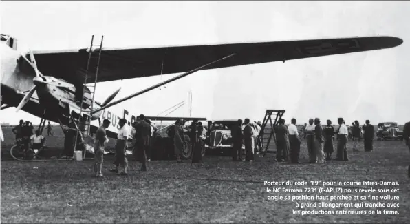  ??  ?? Porteur du code “F9” pour la course Istres-Damas, le NC Farman 2231 (F-APUZ) nous révèle sous cet angle sa position haut perchée et sa fine voilure à grand allongemen­t qui tranche avec les production­s antérieure­s de la firme.