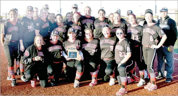  ?? PHOTO BY RICK PECK ?? The McDonald County High School Lady Mustang softball team won the Missouri Class 4 District 12 Softball Tournament on Friday with a 1-0 win over Republic at Joplin High School.