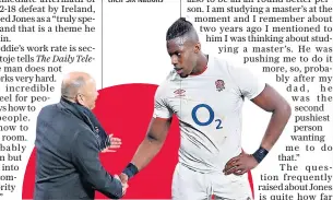  ??  ?? Motivator: Eddie Jones congratula­tes Maro Itoje after England’s win against France, a rare highlight of their Six Nations