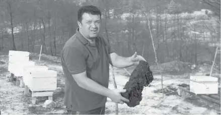  ?? AKIF YILMAZ/IHA ?? Beekeeper Guven Karagol shows his burned beehives Saturday in Kalemler village of Manavgat, Antalya, Turkey.