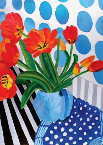  ?? ?? Debra Pascoe Tulips in Red, acrylic, 21 17in (53 43cm)