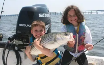  ??  ?? Dad thought this striper was a ray and wanted to break it off. Max and Mollie knew better.