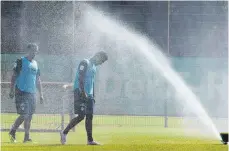  ?? FOTO: DPA ?? Der Rasenspren­ger geht, die Profis freut es. Max Kruse (li.) und Theodor Gebre Selassie vom SV Werder Bremen erfrischen sich im Training.