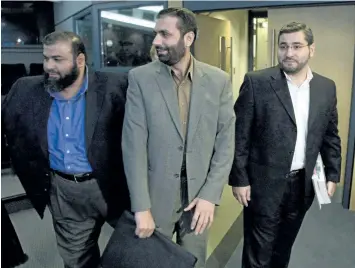  ?? ADRIAN WYLD/THE CANADIAN PRESS ?? From left: Ahmad El Maati, Muayyed Nureddin and Abdullah Almalki arrive at a news conference last week in Ottawa. The three Canadians were tortured in Syria and have received a total of $31 million in federal compensati­on.