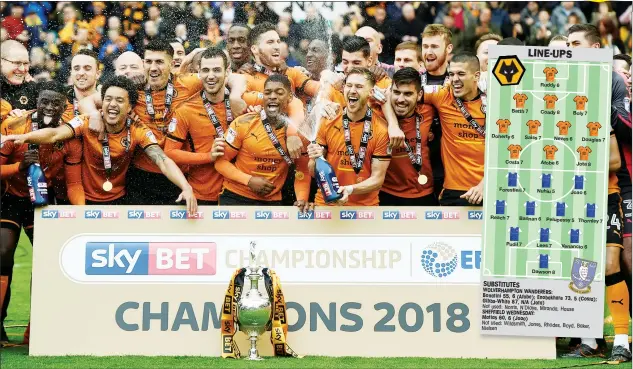  ?? PICTURES: Action Images ?? CUP OF CHEER: The Wolves players celebrate with the trophy and some champagne after their first home game since winning the Championsh­ip