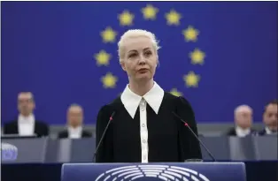  ?? JEAN-FRANCOIS BADIAS - THE ASSOCIATED PRESS ?? Yulia Navalnaya, widow of Russian opposition leader Alexei Navalny, addresses the European Union’s parliament on Wednesday in Strasbourg, eastern France. She implored the 27-nation bloc to stand up to Russian President Vladimir Putin.