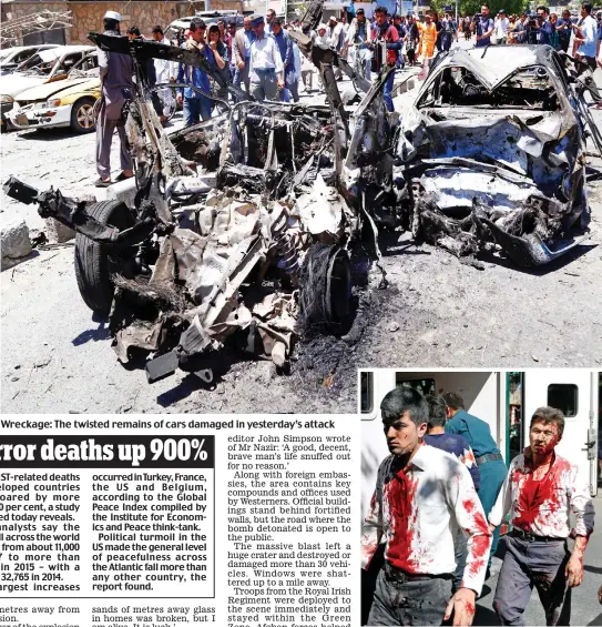  ??  ?? Wreckage: The twisted remains of cars damaged in yesterday’s attack Shock: Bloodied victims stagger from blast zone