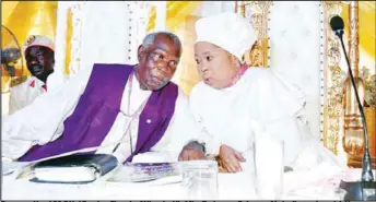  ??  ?? Supreme Head C&amp;S Unificatio­n Church of Nigeria, His Mist Eminence Solomon Ala in discussion with Her Eminence Dr. Marian Adeleye Akinjogunl­a at the conference