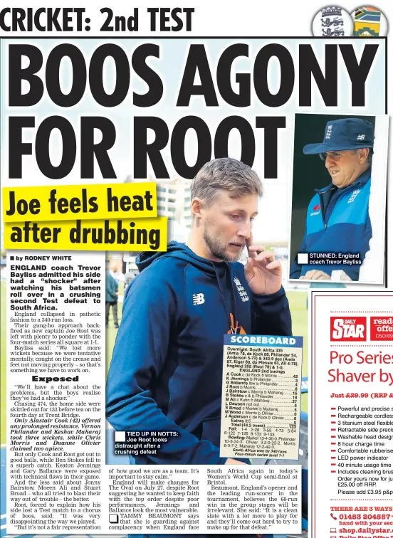  ??  ?? TIED UP IN NOTTS: Joe Root looks distraught after a crushing defeat STUNNED: England coach Trevor Bayliss