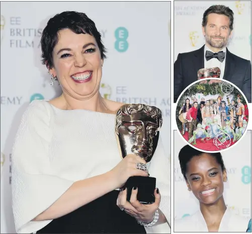  ?? PICTURES: PA WIRE. ?? WINNING FAVOURITE: Olivia Colman with her leading actress prize; right, from top, Bradley Cooper, the cast of Cirque du Soleil; Britain’s rising star Letitia Wright.