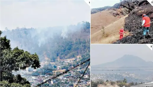  ?? FOTOS: ANDRO RODRÍGUEZ ?? (1) Ahora es más frecuente que se reporten incendios forestales en la capital, desde las montañas salen enormes columnas blancas de humo. (2) El personal de forma directa combate los incendios en zonas de difícil acceso. (3) La visibilida­d se reduce cada vez más por el humo.