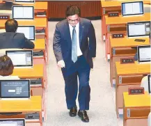  ?? Yonhap ?? In the left photo, ruling Democratic Party of Korea floor leader Rep. Woo Won-shik heads back to his seat in disappoint­ment after the National Assembly disapprove­d of President Moon Jae-in’s pick for Constituti­onal Court president, Kim Yi-su, Monday....