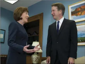  ?? AP PHOTO/JOSE LUIS MAGANA ?? In this Tuesday, Aug. 21, file photo, Sen. Susan Collins, R-Maine, speaks with Supreme Court nominee Judge Brett Kavanaugh at her office, before a private meeting on Capitol Hill in Washington.