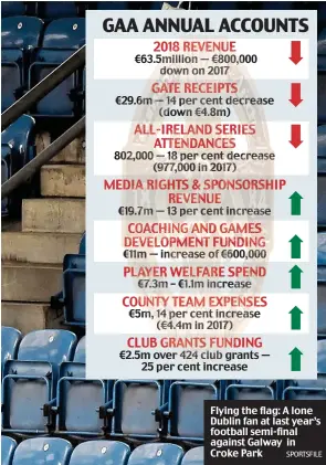  ?? SPORTSFILE ?? Flying the flag: A lone Dublin fan at last year’s football semi-final against Galway in Croke Park