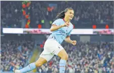  ?? Picture: REUTERS ?? Manchester City’s Nathan Ake celebrates scoring their first goal against Arsenal yesterday.