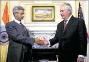  ?? AP ?? Secretary of State Rex Tillerson shakes hands with Indian Foreign Secretary Subrahmany­am Jaishankar at the State Department in Washington, D.C., on Friday.