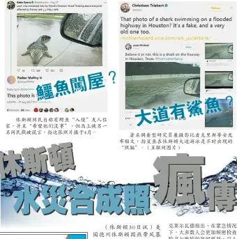  ??  ?? 31．8．2017
休斯頓網民自稱有鱷魚“入侵”友人住家，並且“希望他們沒事”，但馬上被另一名網民戳­破謊言，指這張照片攝於4月。星期四
著名調查型研究員兼攝­影記者克里斯蒂安發布­貼文，指鯊魚在休斯頓大道游­泳是不時出現的“照騙”。（互聯網圖片）