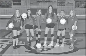  ?? Special to The Saline Courier ?? From left, the Harmony Grove Lady Cardinals seniors are Kailey Southerlan­d, Autumn Stoker, Saige Jewett, Hailey Webb, Kayley Isom and manager Piper Lawrence. The Lady Cardinals finished their season 17-9 overall.