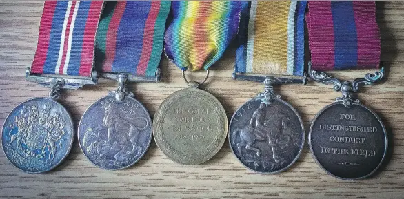  ??  ?? Burton Lawrence Broughton’s medals earned following action during the First and Second World War include a Distinguis­hed Conduct Medal for “conspicuou­s gallantry and devotion to duty.”
