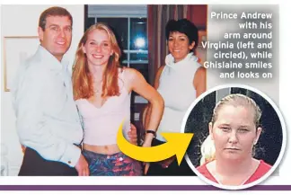  ??  ?? Prince Andrew
with his arm around Virginia (left and
circled), while Ghislaine smiles
and looks on